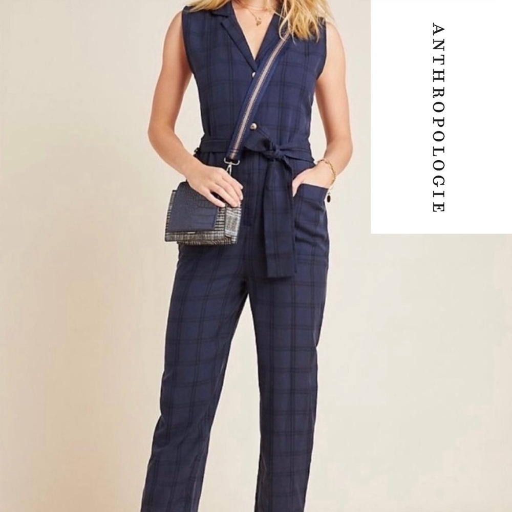 NWT Anthropologie Brielle Navy Blue Plaid Jumpsuit - Picture 1 of 10